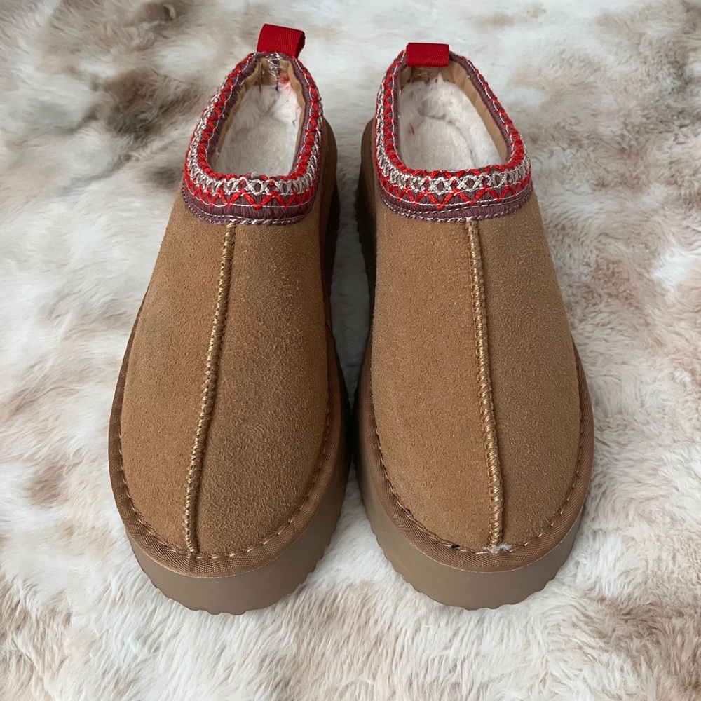 Amazon Tan Suede Slip-On Shoes with Red Accents